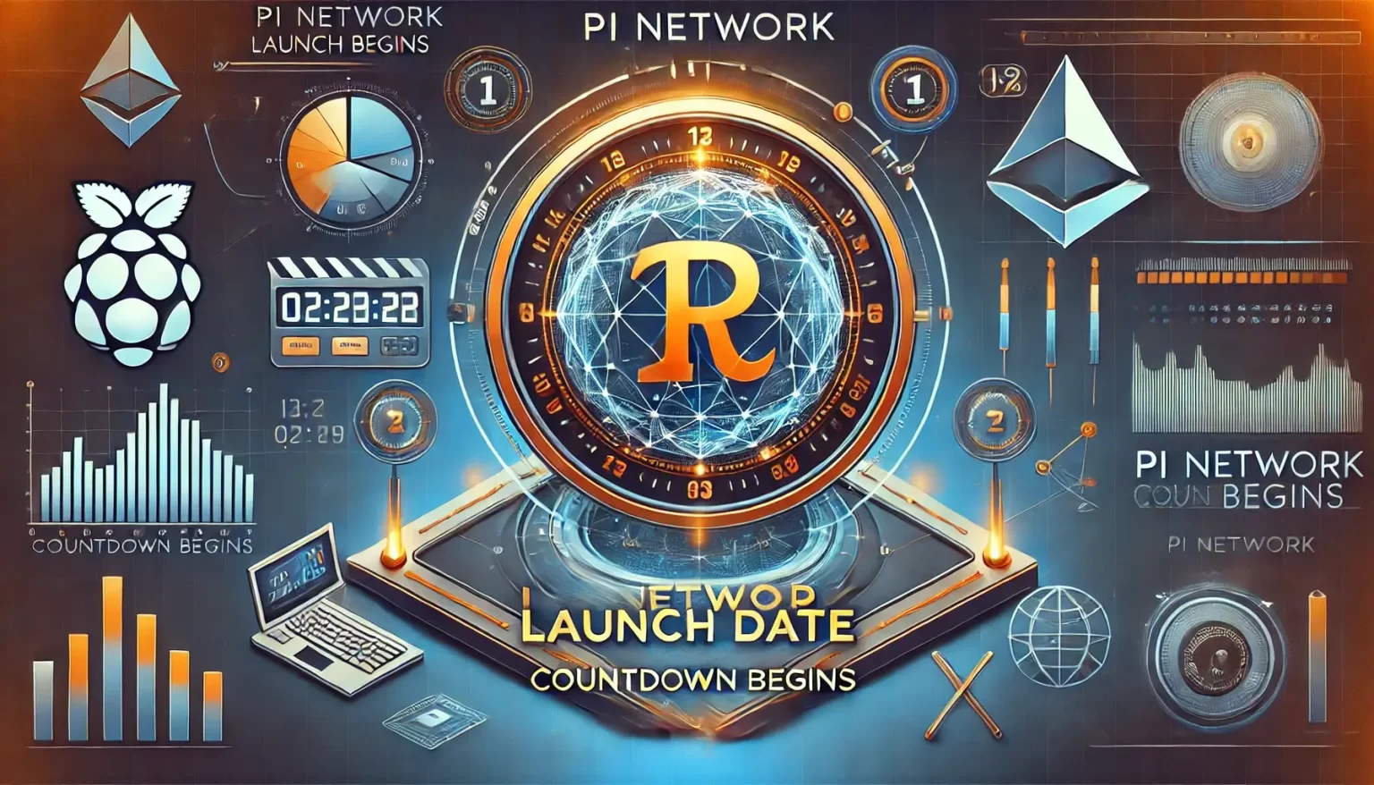 A futuristic digital clock with the Pi Network logo counting down to a launch date. Charts, graphs, and other technical elements surround the clock