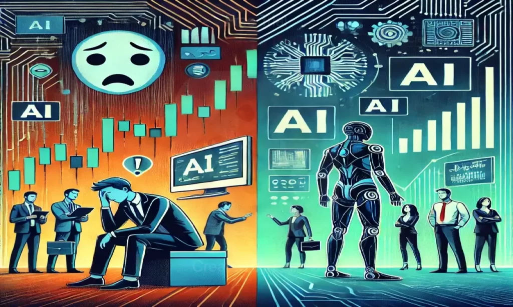 Illustration showing the impact of AI on the stock market, with worried investors monitoring falling stock prices and businesses adopting AI for growth