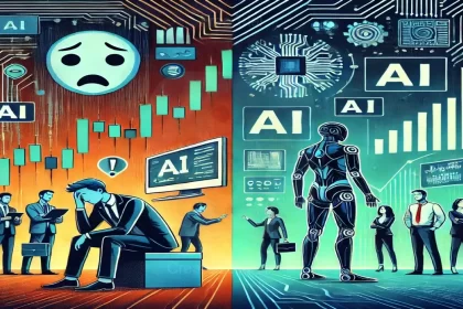 Illustration showing the impact of AI on the stock market, with worried investors monitoring falling stock prices and businesses adopting AI for growth