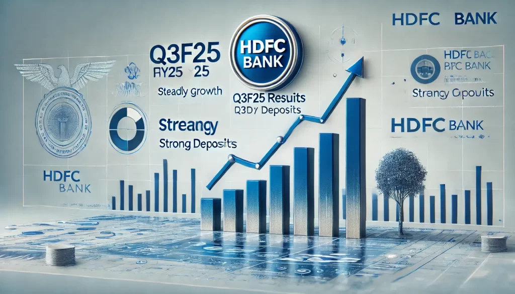 A 3D graphic showcasing HDFC Bank's Q3F25 results. It features an upward-trending bar graph, a pie chart, and a tree graphic, all rendered in a 3D style.