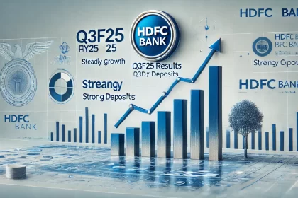 A 3D graphic showcasing HDFC Bank's Q3F25 results. It features an upward-trending bar graph, a pie chart, and a tree graphic, all rendered in a 3D style.