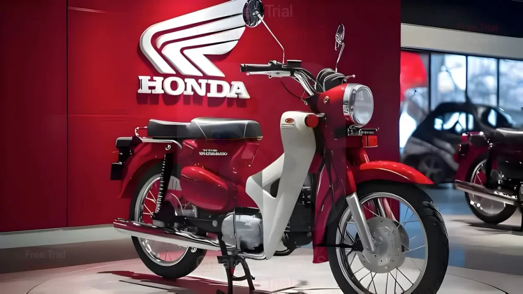 Honda Cub 125 parked outdoors, showcasing its classic retro design with modern features like LED lights and stylish chrome accents.