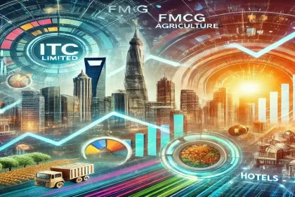 A futuristic cityscape with the ITC logo, charts, and symbols representing the company's diverse business operations in agriculture, FMCG, and hotels, and ITC Share price target