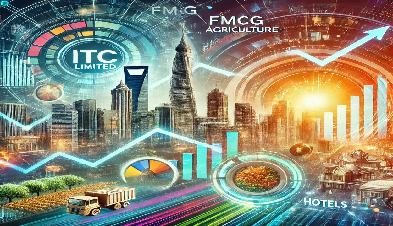 A futuristic cityscape with the ITC logo, charts, and symbols representing the company's diverse business operations in agriculture, FMCG, and hotels, and ITC Share price target