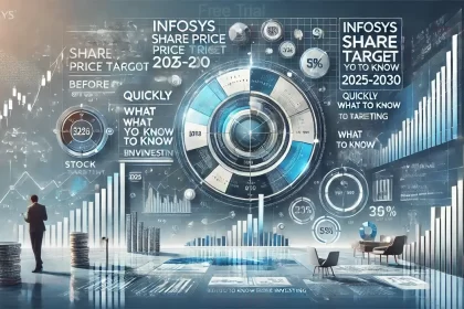 Infosys share price target: A man looking at a large digital display showing stock market data, including Infosys share price, target, and historical trends