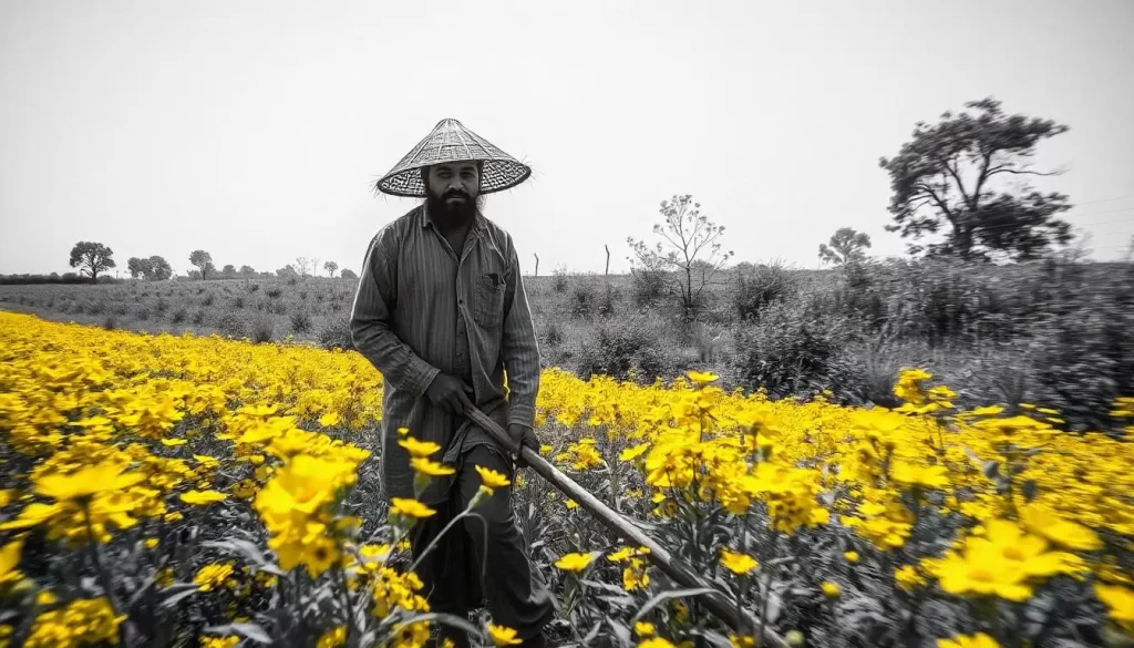 an image of man walking in thier mustard field