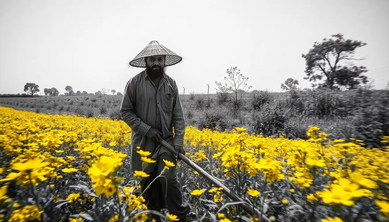 an image of man walking in thier mustard field