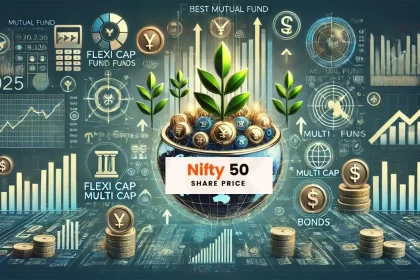 Best Mutual fund to invest 2025: A visual representation of investment and growth, with a globe, plants, coins, and financial data.