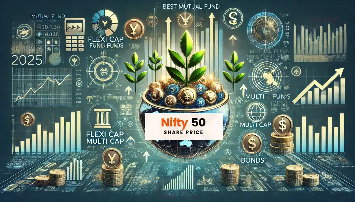 Best Mutual fund to invest 2025: A visual representation of investment and growth, with a globe, plants, coins, and financial data.