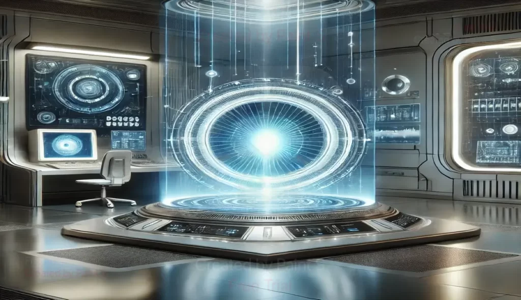 OpenAI Stargate project: A futuristic, cylindrical structure with a glowing blue light emanating from its center, surrounded by advanced technology and computer screens.