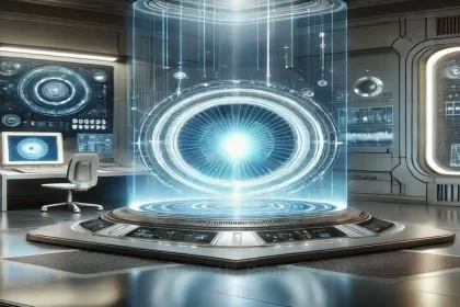 OpenAI Stargate project: A futuristic, cylindrical structure with a glowing blue light emanating from its center, surrounded by advanced technology and computer screens.