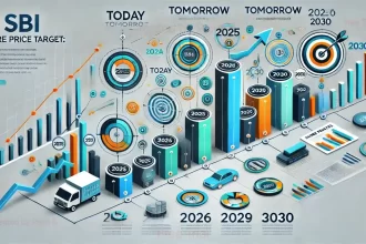 Isometric infographic visualizing SBI's share price target with charts, graphs, and timelines from 2020 to 2030