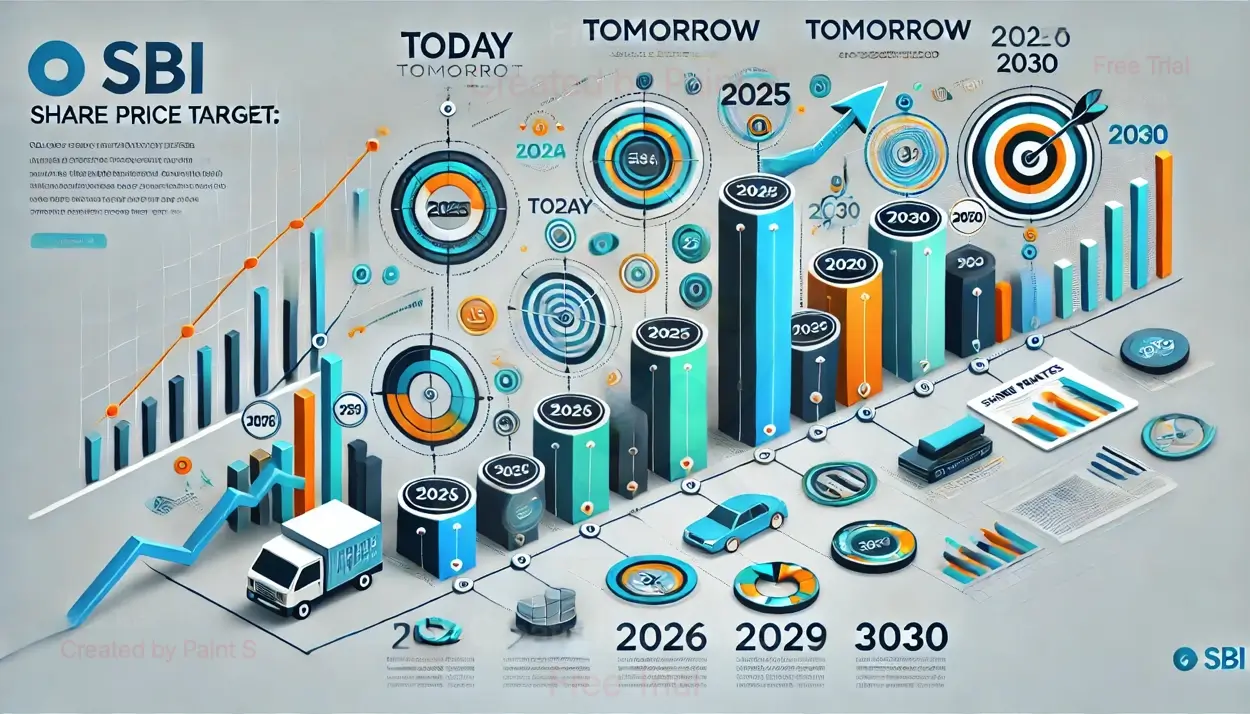 Isometric infographic visualizing SBI's share price target with charts, graphs, and timelines from 2020 to 2030