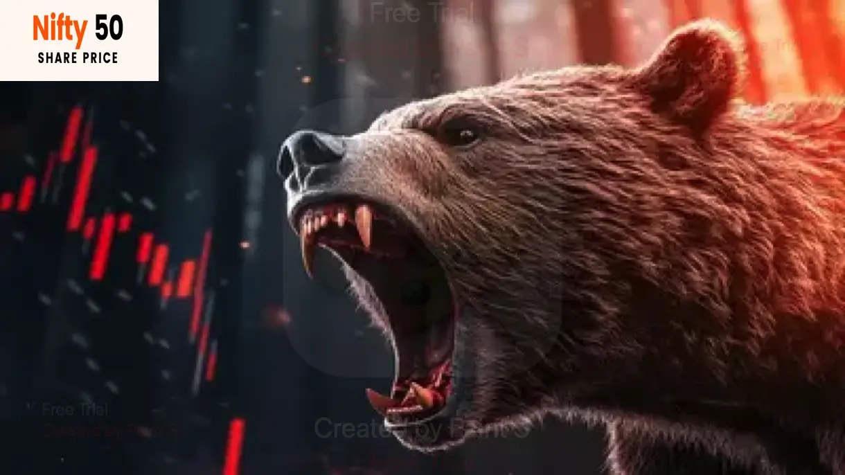 A menacing grizzly bear with its mouth agape, fangs bared, and a fiery background. In the foreground, a stock market chart with red candlesticks indicates a sharp decline