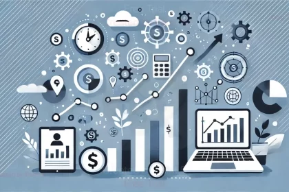 A graphic showing various business-related icons, including graphs, charts, money symbols, and a laptop for analysis of tcs share price