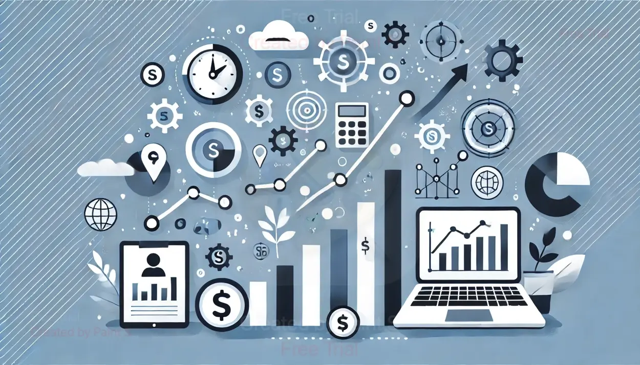 A graphic showing various business-related icons, including graphs, charts, money symbols, and a laptop for analysis of tcs share price