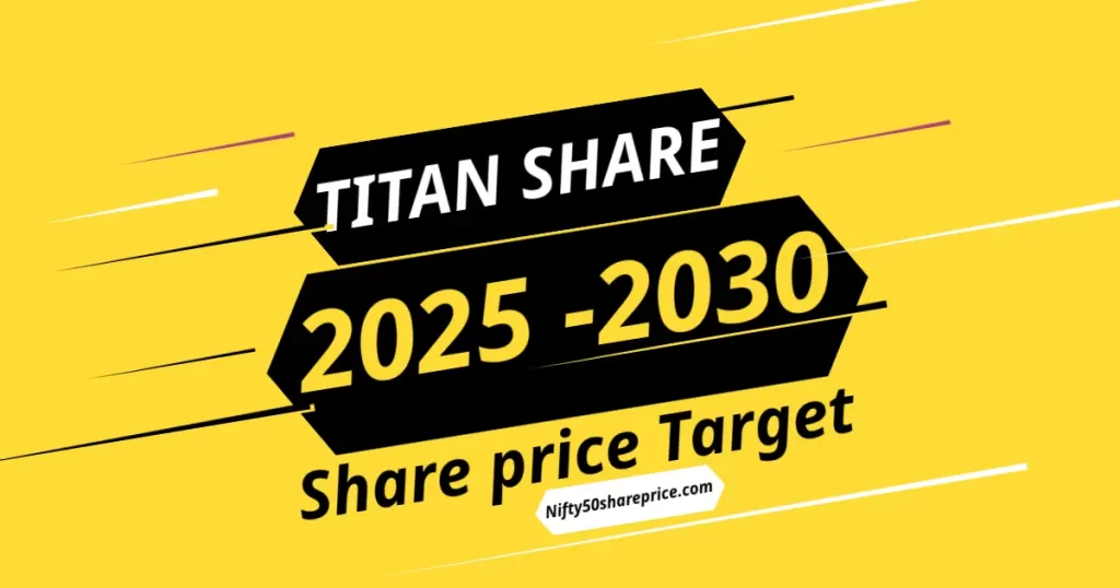 Titan Share Price Target 2025-2030" graphic with a yellow background and black geometric shapes containing the text. The URL "Nifty50shareprice.com" is at the bottom