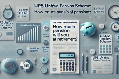 Isometric infographic illustrating the UPS Unified Pension Scheme, featuring a calculator, clock, piggy bank, and other financial elements.