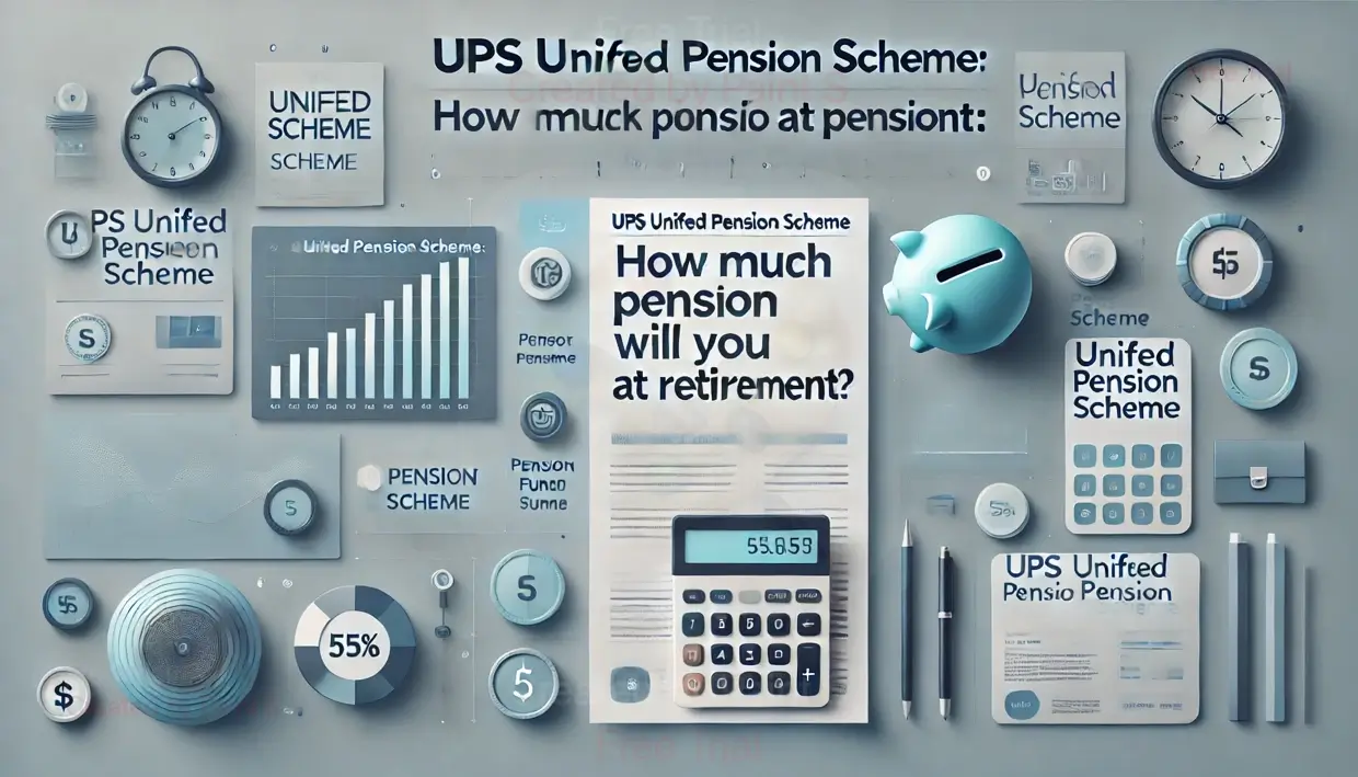 Isometric infographic illustrating the UPS Unified Pension Scheme, featuring a calculator, clock, piggy bank, and other financial elements.