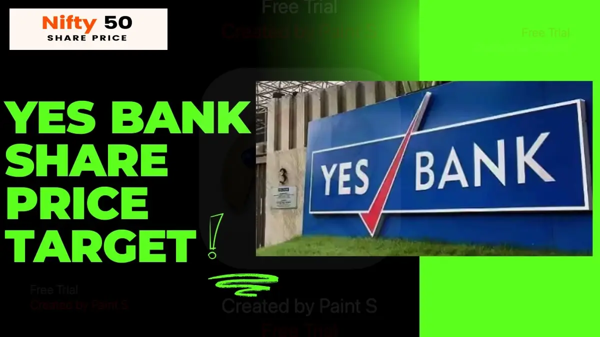 Yes Bank logo with text overlay "YES BANK SHARE PRICE TARGET!" and "Nifty 50 SHARE PRICE