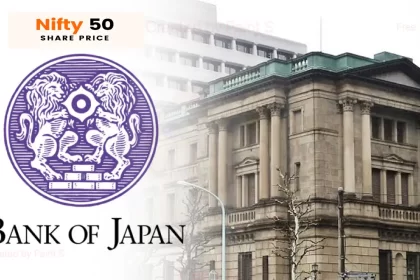 A close-up of the Bank of Japan logo, featuring two lions facing each other, with the text "Bank of Japan" and a photograph of the Bank of Japan building.