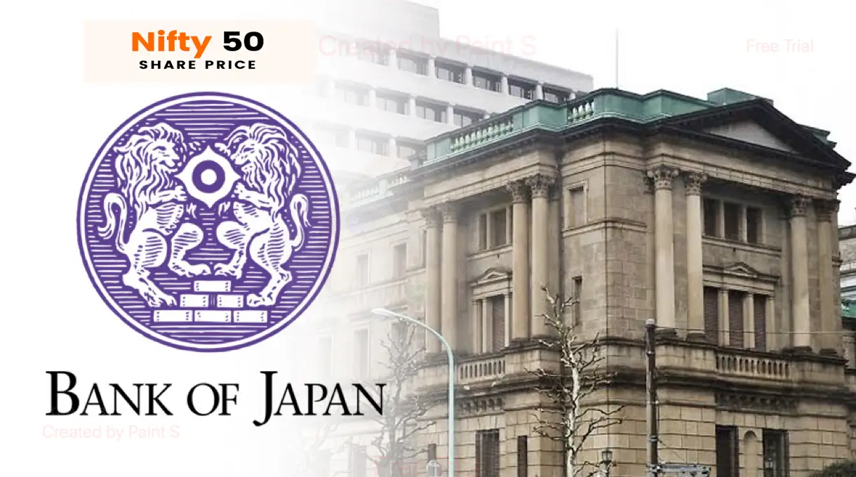 A close-up of the Bank of Japan logo, featuring two lions facing each other, with the text "Bank of Japan" and a photograph of the Bank of Japan building.