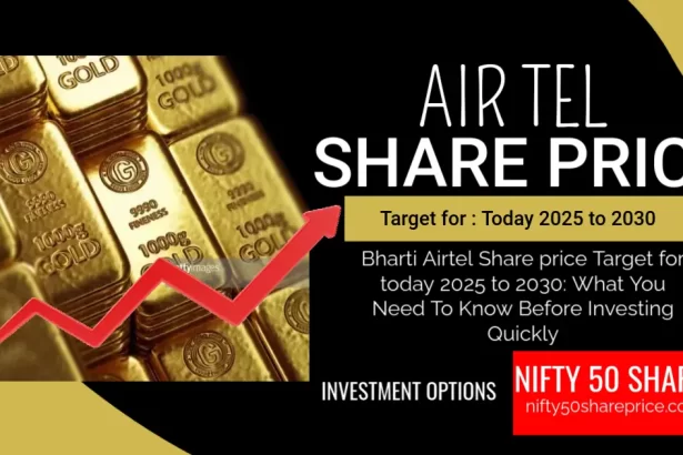 Gold bars with an upward arrow and the text "AIRTEL SHARE PRICE" and "Target for: Today 2025 to 2030