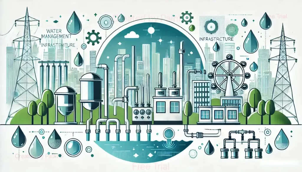 Denta Water IPO: A colorful illustration depicting a city with water infrastructure, including pipes, water treatment plants, and a water tower.