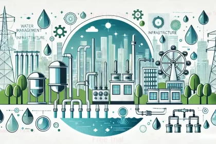 Denta Water IPO: A colorful illustration depicting a city with water infrastructure, including pipes, water treatment plants, and a water tower.