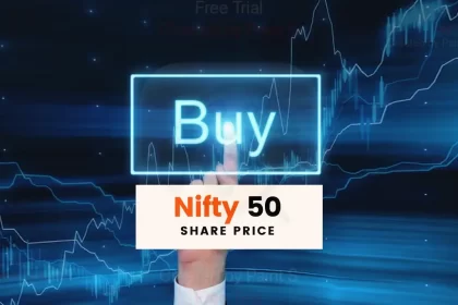 A hand pointing at a "Buy" (Zomato stock) button on a screen with stock market charts in the background