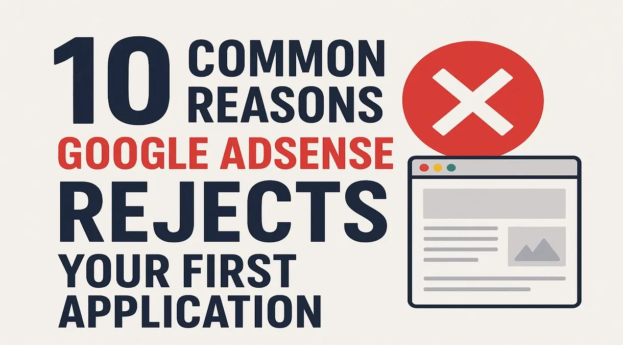 10 common reasons Google AdSense rejects your first application infographic – including low content, policy violations, poor design, and missing pages.