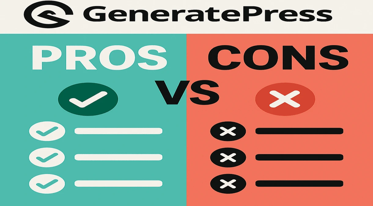 GeneratePress theme pros and cons comparison infographic
