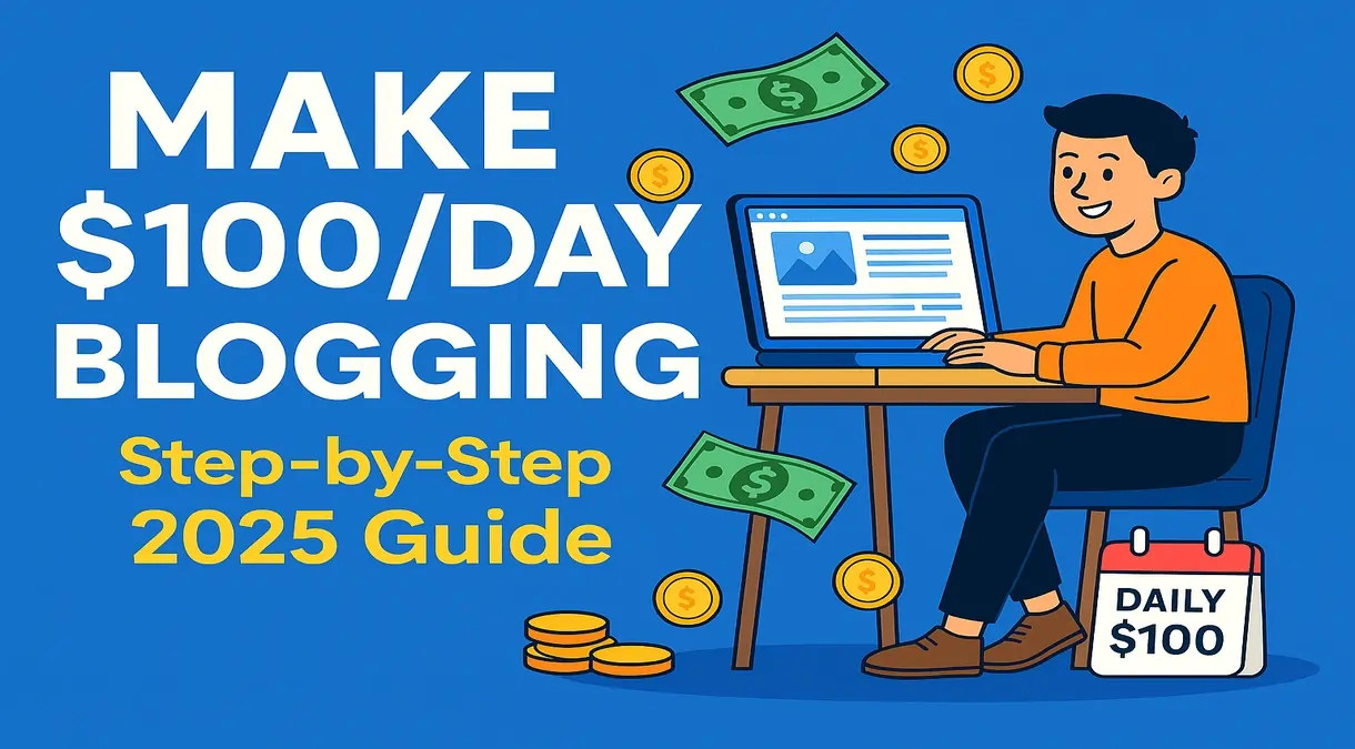 How to make $100 a day blogging online – thumbnail with laptop, dollar signs, and 2025 guide.